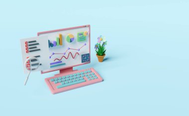 grafikli dizüstü bilgisayar, analiz işi finansal verileri, büyüteç, pano kontrol listesi mavi arka planda izole edildi. Çevrimiçi pazarlama, iş stratejisi konsepti, 3d illüstrasyon, 3d canlandırma