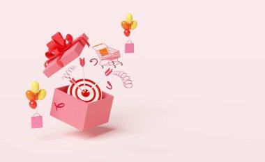 Pembe arkaplanda kırmızı dartlı pembe açık hediye kutusu veya pembe arka planda izole edilmiş ok. Alışveriş, noel ve yeni yıl konsepti, 3D illüstrasyon veya 3D canlandırma