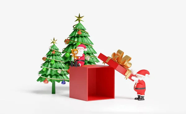 Santa Claus Med Röd Öppen Presentförpackning Tom Julgran Isolerad Beige — Stockfoto