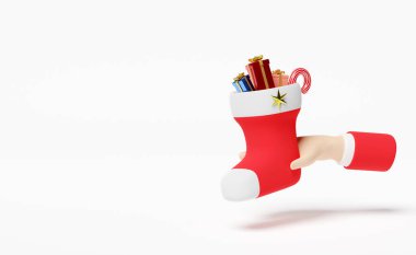 Beyaz arka plan web sitesi, poster veya mutluluk kartları, şenlikli yeni yıl konsepti, 3D illüstrasyon veya 3D canlandırma üzerinde izole edilmiş hediyeli Noel çorapları tutan eller
