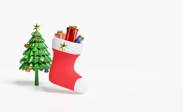 Χριστουγεννιάτικες Κάλτσες Δώρα Δέντρο Απομονωμένο Λευκό Φόντο Website Αφίσα Κάρτες — Φωτογραφία Αρχείου