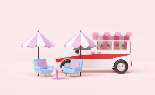 Φορτηγό Τροφίμων Όχημα Προθήκες Παγωτό Ψυγείο Τραπεζάκι Του Καφέ Ομπρέλα — Φωτογραφία Αρχείου