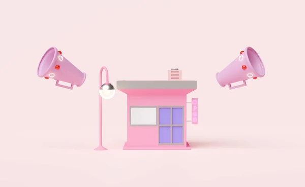 Winkel Winkel Voorkant Met Megafoon Hand Luidspreker Geïsoleerd Roze Achtergrond — Stockfoto