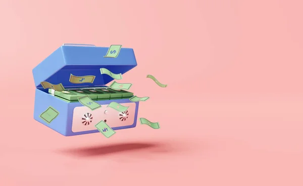 保险箱满满的或小储蓄罐 堆积如山的美元钞票 以粉红背景 投资或商业银行业务融资概念为隔离 3D说明 3D渲染 — 图库照片