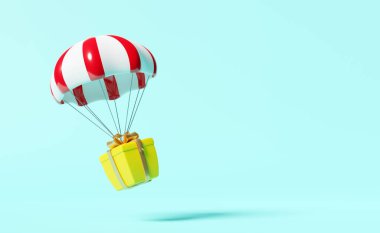 Mavi arkaplanda izole edilmiş sarı hediye kutusu olan paraşüt. Konsept 3D illüstrasyon veya 3D canlandırma