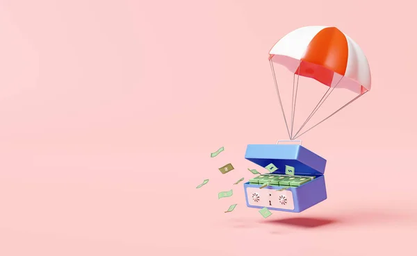 装有安全箱的降落伞 装满或堆放美元钞票的储蓄罐 以粉红背景 投资或商业银行业务融资概念为隔离 3D说明 3D渲染 — 图库照片