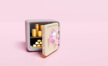 Pembe arka planda izole edilmiş madeni para ve altın külçelerle dolu kasa. Yatırım, tasarruf, iş bankacılığı finans konsepti, 3D illüstrasyon veya 3D çizim