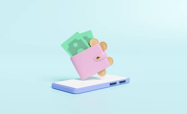 Cep telefonlu cüzdan, akıllı telefon, bozuk para, banknot mavi arka planda izole edilmiş. Para tasarrufu kavramı, 3D çizim veya 3D çizim