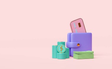 dolar desteleri, banknot, pembe arka planda izole kredi kartı. Para tasarrufu kavramı, 3D çizim veya 3D çizim.