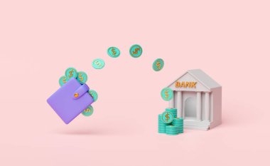 Mor cüzdanlı banka ya da vergi dairesi binası, pembe arka planda izole edilmiş dolar desteleri. Tasarruf para konsepti, 3D illüstrasyon, 3D çizim
