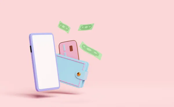 携帯電話 スマートフォン クレジットカード ピンクの背景に隔離された銀行券で財布 お金の概念 3Dイラストや3Dレンダリングを保存 — ストック写真