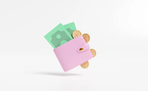 Bozuk paralı cüzdan, beyaz arka planda izole edilmiş banknot. Para tasarrufu konsepti, 3d illüstrasyon veya 3d görüntüleme