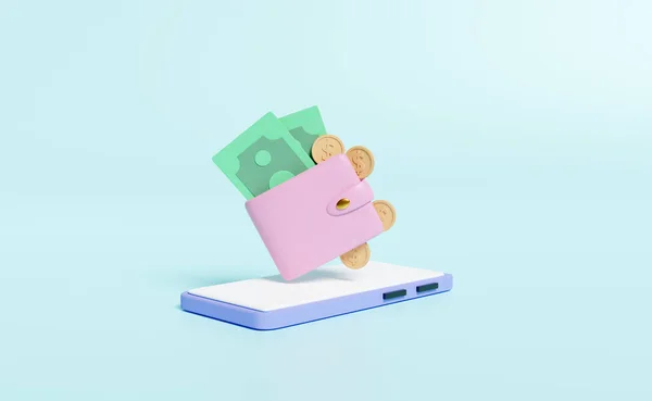 钱包与手机 智能手机 钞票隔离在蓝色背景下 省钱概念 3D插图或3D渲染 — 图库照片