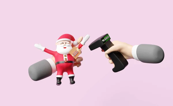 Ręce Trzymając Skaner Kodów Kreskowych Santa Claus Lalka Tagi Cenowe — Zdjęcie stockowe