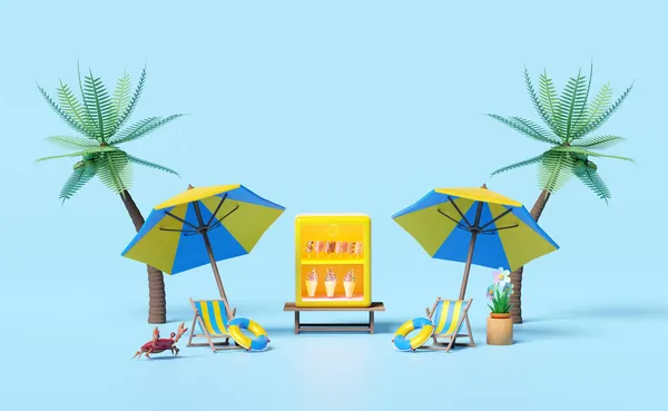 Dondurma Veya Buzdolabı Vitrinli Kafe Yengeç Şemsiye Palmiye Ağacı Cankurtaran — Stok fotoğraf