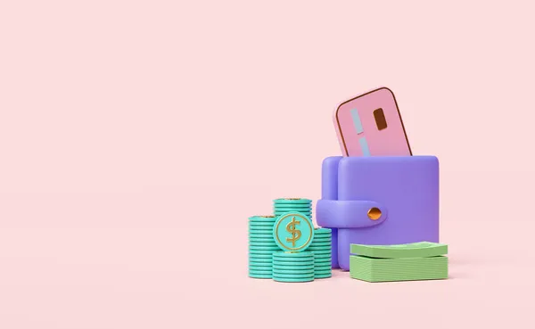 紫色皮夹 装有美元硬币 信用卡 独立于粉色背景 省钱概念 3D插图或3D渲染 — 图库照片