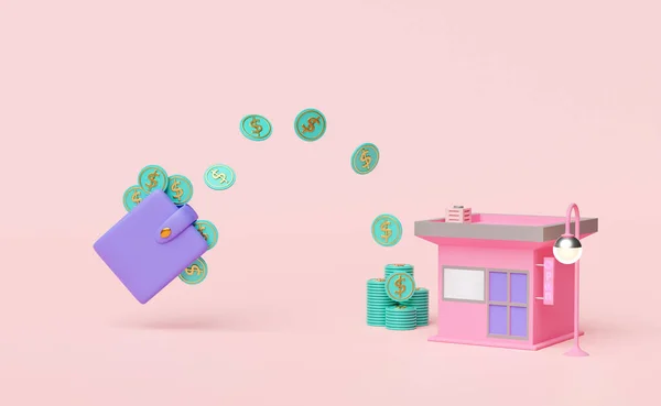建有紫色钱包的商店咖啡店 美元硬币堆栈 粉红色背景上孤立的开标志 创业特许经营概念 3D插图或3D渲染 — 图库照片