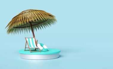 silindir sahne podyumu plaj sandalyesi, palmiye yaprağı, şemsiye, mavi arka planda izole edilmiş can simidi. Alışveriş yaz satışı, yaz seyahati konsepti, 3D illüstrasyon veya 3D görüntüleme