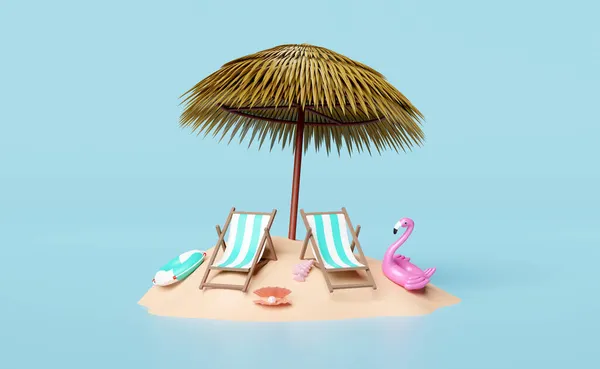 Plaj Sandalyesi Palmiye Yaprağı Şemsiye Yaşam Şamandırası Mavi Arka Planda — Stok fotoğraf