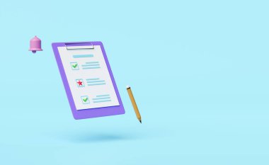 beyaz pano kontrol listesi şah ile, bildirim çanı mavi arka planda izole edilmiş, çevrimiçi pazarlama, iş stratejisi konsepti, 3d illüstrasyon, 3d canlandırma