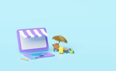dizüstü bilgisayar monitörü, mağaza önü, plaj koltuğu, palmiye yaprağı, şemsiye, can simidi, mavi arka planda izole edilmiş çanta. Çevrimiçi alışveriş yaz satışı konsepti, 3D illüstrasyon veya 3D çizim