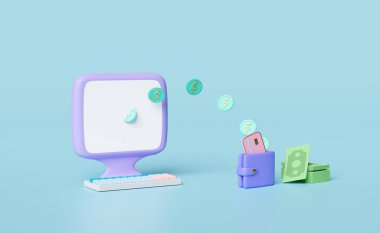 Bozuk paralı cüzdan ve bilgisayar, banknot desteleri, mavi arka planda izole edilmiş kredi kartı. Tasarruf para kavramı, 3D çizim veya 3D çizim