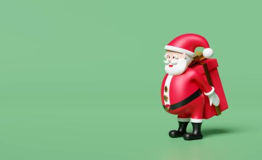 Noel Baba 'nın elleri kırmızı hediye kutusunu tutuyor, yeşil arka planda izole edilmiş bir yer. Web sitesi, poster veya mutluluk kartları, şenlikli Yeni Yıl konsepti, 3D illüstrasyon veya 3D canlandırma