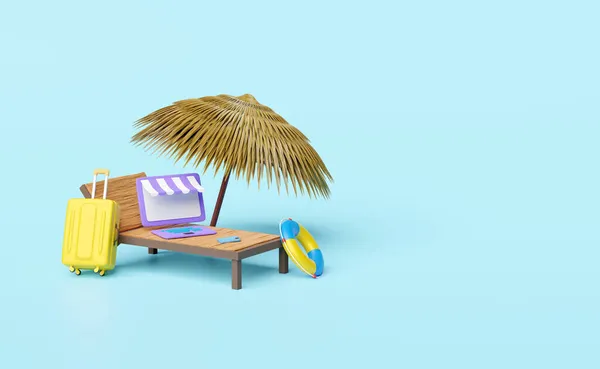 Laptop Monitor Przodu Sklepu Krzesło Plażowe Liść Palmy Parasol Koło — Zdjęcie stockowe