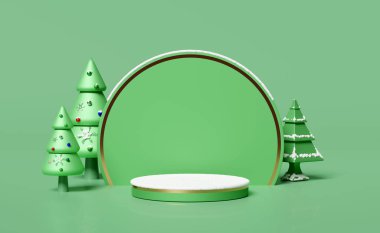 Silindir sahne podyumu, içinde noel ağacı, kar, modern sahne gösterisi ve minimalist modelleme için yeşil üzerine izole edilmiş süsler, Noel 'i ve şenlikli bir yeni yılı, 3d illüstrasyonunu veya 3d görüntüsünü içeren boş.