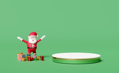 Santa claus with gift box,cylinder stage podium empty,snow isolated on green background.website,poster or Happiness cards,festive New Year concept,3d illustration or 3d render clipart