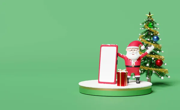 Κόκκινο Κινητό Τηλέφωνο Smartphone Και Βάθρο Santa Claus Χριστουγεννιάτικο Δέντρο — Φωτογραφία Αρχείου