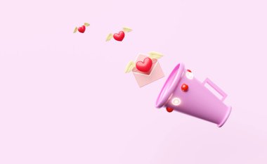 megafon, kanatlı el hoparlörü, pembe arka planda izole edilmiş uçan zarf. Haber bültenine bildir, gelen e-posta, sağlık aşkı, dünya kalbi, sevgililer günü konsepti, 3d illüstrasyon, 3d yorumlama