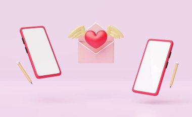 cep telefonu, kanatlı akıllı telefon, pembe arka planda izole edilmiş uçan zarf. Haber bültenini, gelen e-postayı, sağlık aşkı veya dünya kalp gününü, sevgililer günü konseptini, 3d illüstrasyonunu, 3d yorumunu haber verin.