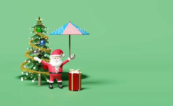 Santa Claus Med Presentask Julgran Paraply Snö Isolerad Grön Bakgrund — Stockfoto