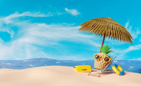 Plážové Křeslo Deštníkem Palmami Záchrannou Bójí Mořem Ananasem Slunečními Brýlemi — Stock fotografie