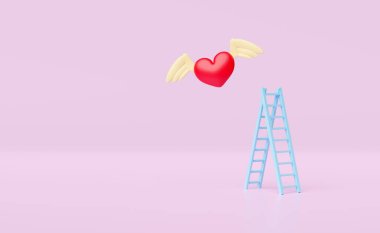 Mavi merdiven ya da kırmızı kanatlı merdiven, pembe pastel arka planda tek başına uçmak. Sağlık aşkı ya da dünya kalp günü, Sevgililer Günü konsepti, minimal soyut, 3D çizim ya da 3D