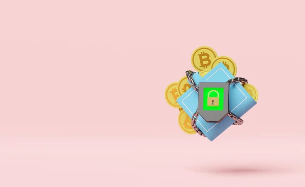 Hardwarová Peněženka Řetízkem Bitcoinová Mince Izolovaná Růžovém Pozadí Internet Krypto — Stock fotografie