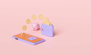 cep telefonu, cüzdanı olan akıllı telefon, bozuk para, kilit açma, pembe arka planda izole edilmiş domuz kumbarası. İnternet güvenliği, gizlilik koruması, fidye virüsü koruma konsepti, 3D illüstrasyon, 3D canlandırma.