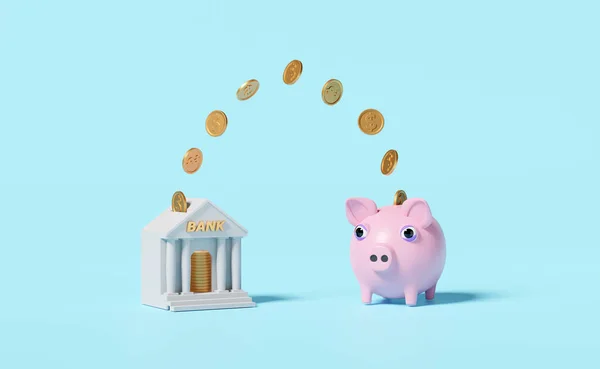 pink piggy bank with bank or tax office building,coin isolated on blue background.saving money concept,3d illustration,3d render