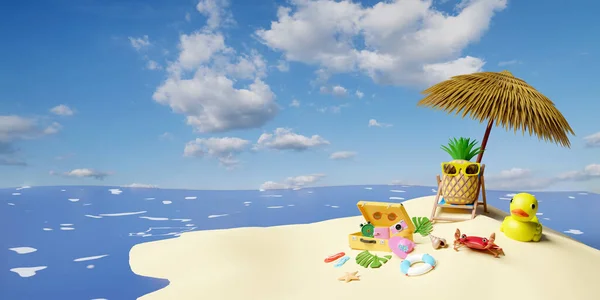 Beach Chair Umbrella Palm Tree Lifebuoy Seaside Pineapple Sunglasses Suitcase — Stock Photo, Image