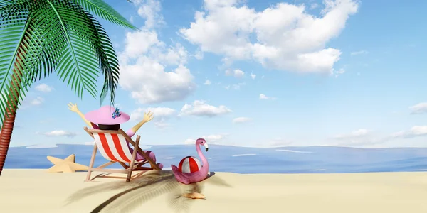 Charakteristika Karikatura Žena Letní Pláži Nebe Plážové Křeslo Míč Nafukovací — Stock fotografie