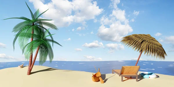 Plážové Křeslo Dřevěné Deštníkem Palmy Záchranná Bóje Moře Korýši Loď — Stock fotografie