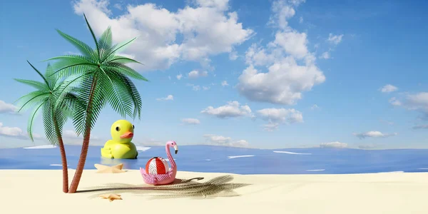Pláž Palmami Moře Žlutá Kachna Nafukovací Flamingo Míč Hvězdice Izolované — Stock fotografie