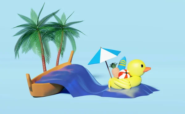 Gelbe Aufblasbare Ente Mit Regenschirm Ball Ananas Surfbrett Palmen Meereswellen — Stockfoto