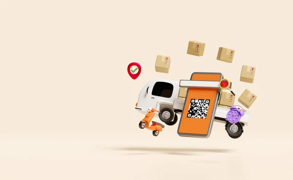 Κινητό Τηλέφωνο Smartphone Φορτηγό Σάρωση Κώδικα Εμπορεύματα Κουτί Από Χαρτόνι — Φωτογραφία Αρχείου