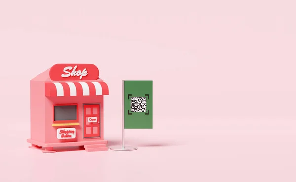 store front sign with qr code scanning isolated on pink background. online shopping concept, 3d illustration, 3d render