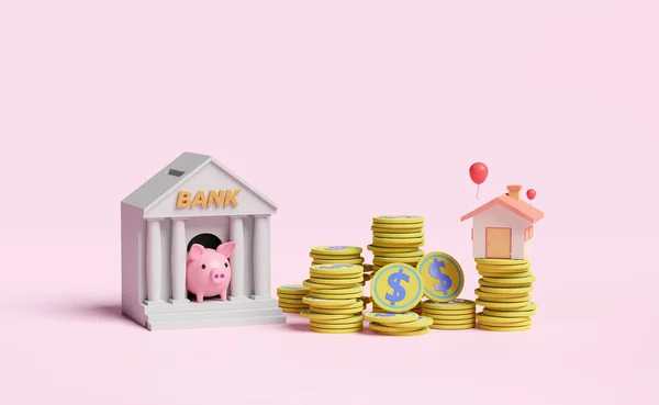 Piggy Bank House Gold Coins Pile Bank Tax Office Building — Stock Photo, Image