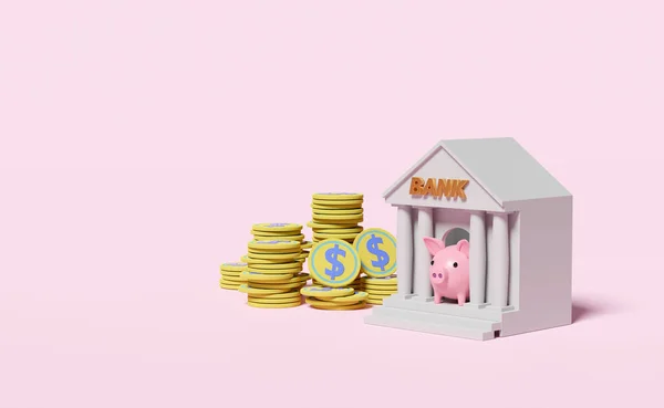 Bank Tax Office Building Dollar Coin Piggy Bank Isolated Pink — Foto Stock