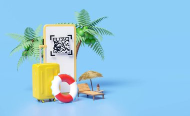 Cep telefonu, can simidi, şemsiye, avuç içi, sandalye, QR kod taraması, mavi arka planda izole edilmiş bavul. Çevrimiçi alışveriş, yaz tatili konsepti, 3D illüstrasyon, 3D görünüm