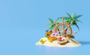 Bavul, plaj sandalyesi, şemsiye, palmiye ağacı, can simidi, bavul, ördek, tekne, mavi gökyüzü arka planında izole edilmiş ada. Yaz seyahati konsepti, 3d illüstrasyon veya 3d canlandırma